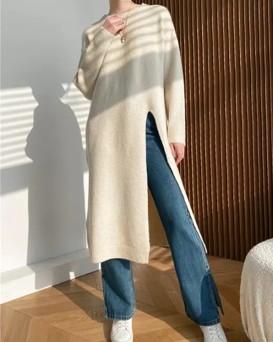 Loose Split-Side Solid Color Round-Neck Knitting Sweater Dresses