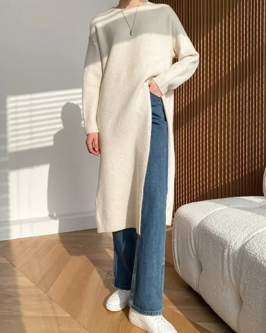 Loose Split-Side Solid Color Round-Neck Knitting Sweater Dresses