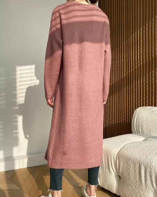 Loose Split-Side Solid Color Round-Neck Knitting Sweater Dresses