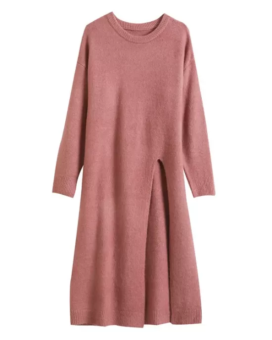 Loose Split-Side Solid Color Round-Neck Knitting Sweater Dresses