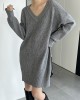 Simple Loose Long Sleeves Solid Color V-Neck Sweater Dresses