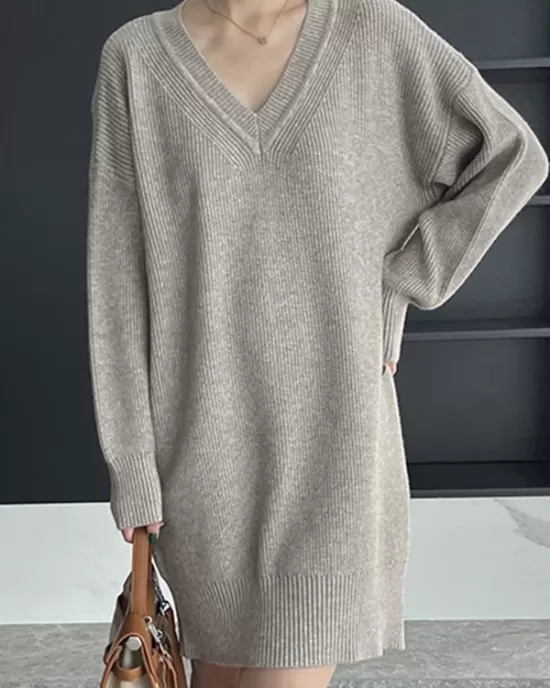 Simple Loose Long Sleeves Solid Color V-Neck Sweater Dresses