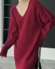 Simple Loose Long Sleeves Solid Color V-Neck Sweater Dresses