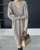 Simple Loose Long Sleeves Solid Color V-Neck Sweater Dresses