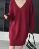 Simple Loose Long Sleeves Solid Color V-Neck Sweater Dresses