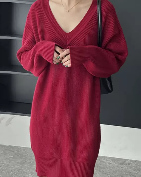 Simple Loose Long Sleeves Solid Color V-Neck Sweater Dresses