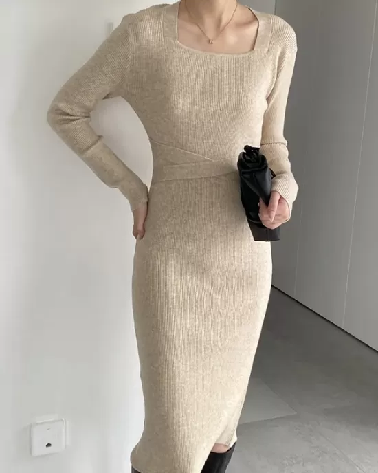 Simple Skinny Long Sleeves Solid Color Square-Neck Sweater Dresses