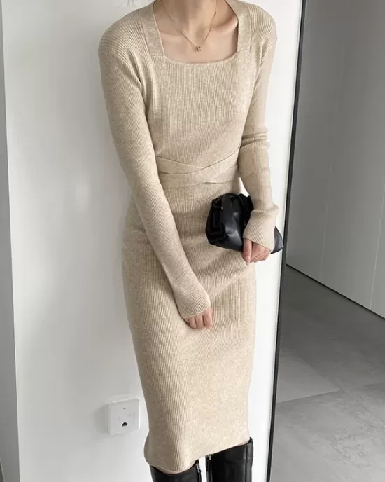 Simple Skinny Long Sleeves Solid Color Square-Neck Sweater Dresses