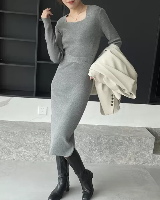 Simple Skinny Long Sleeves Solid Color Square-Neck Sweater Dresses