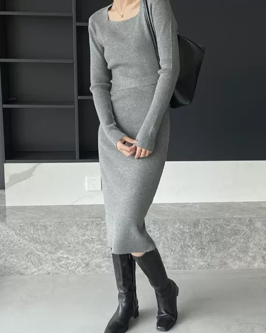 Simple Skinny Long Sleeves Solid Color Square-Neck Sweater Dresses