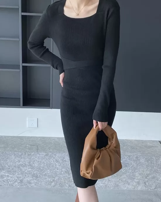 Simple Skinny Long Sleeves Solid Color Square-Neck Sweater Dresses