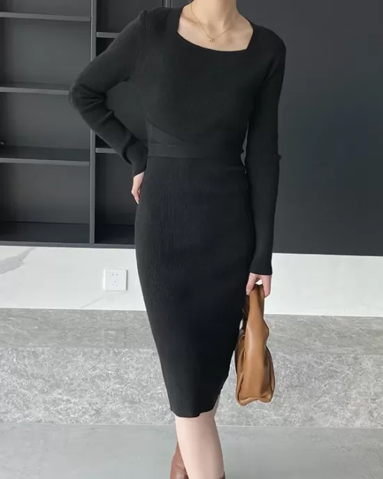 Simple Skinny Long Sleeves Solid Color Square-Neck Sweater Dresses