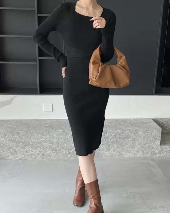 Simple Skinny Long Sleeves Solid Color Square-Neck Sweater Dresses