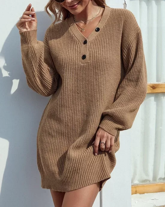 Casual Puff Sleeves Solid Color V-Neck Sweater Dresses