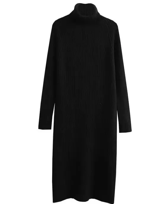 Simple Long Sleeves Loose Solid Color High-Neck Sweater Dresses