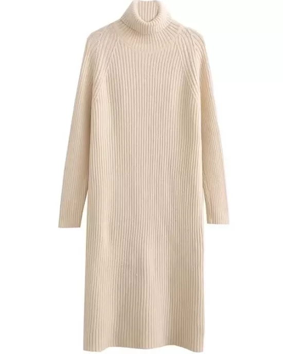 Simple Long Sleeves Loose Solid Color High-Neck Sweater Dresses