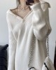 Simple Long Sleeves Loose Buttoned Solid Color High-Neck Sweater Dresses