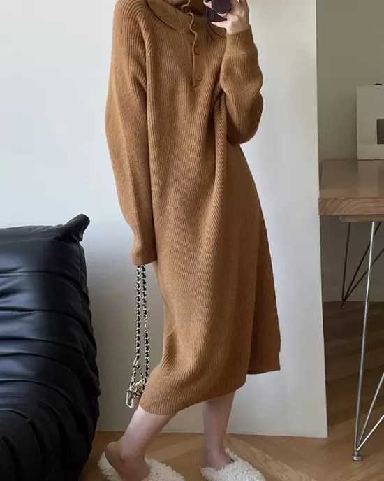 Simple Long Sleeves Loose Buttoned Solid Color High-Neck Sweater Dresses