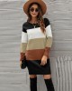 Casual Long Sleeves Contrast Color Round-Neck Sweater Dresses