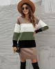 Casual Long Sleeves Contrast Color Round-Neck Sweater Dresses