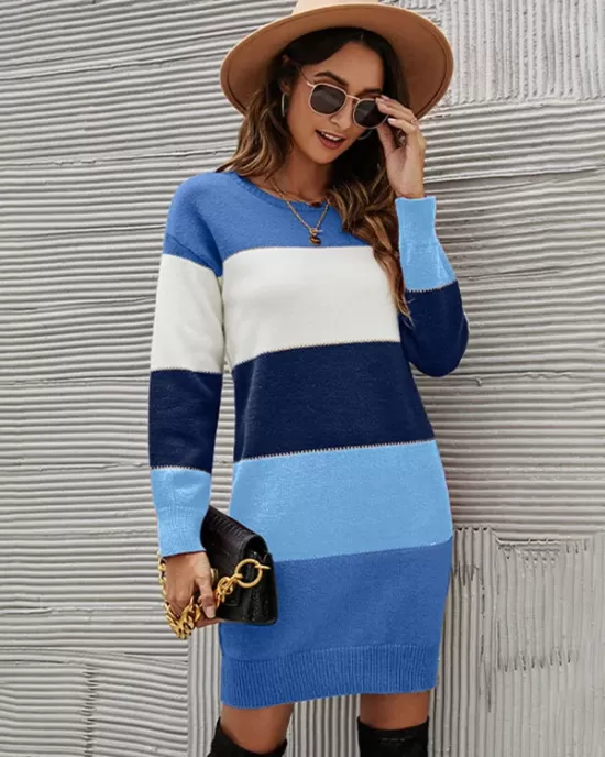 Casual Long Sleeves Contrast Color Round-Neck Sweater Dresses