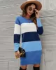 Casual Long Sleeves Contrast Color Round-Neck Sweater Dresses