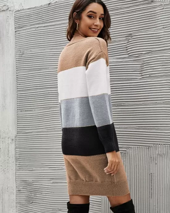 Casual Long Sleeves Contrast Color Round-Neck Sweater Dresses