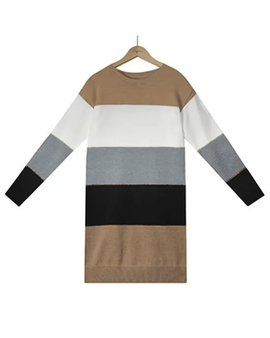 Casual Long Sleeves Contrast Color Round-Neck Sweater Dresses