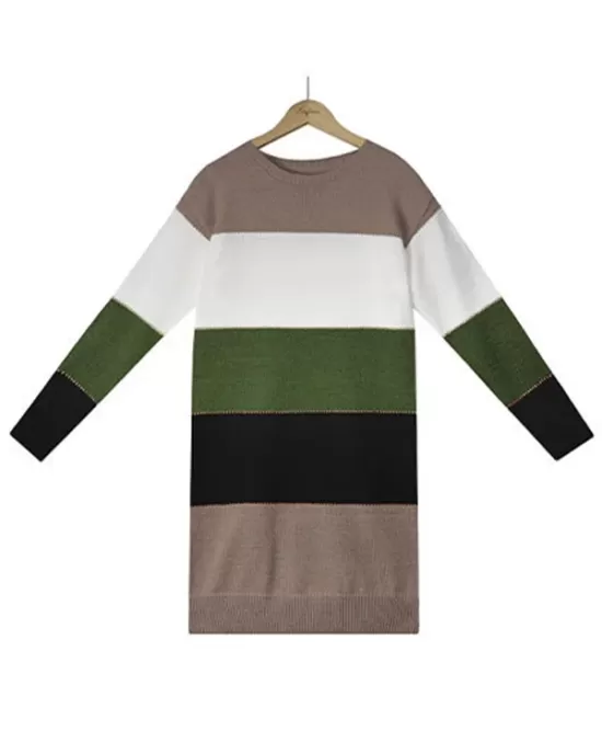 Casual Long Sleeves Contrast Color Round-Neck Sweater Dresses