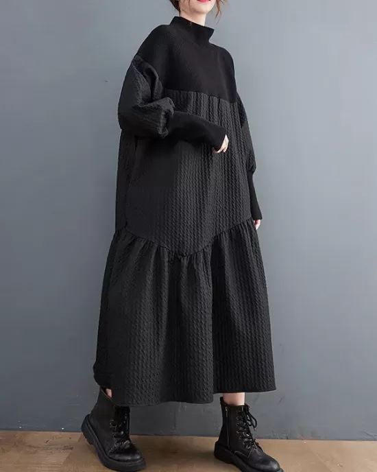 Casual Long Sleeves Loose Split-Joint Jacquard High-Neck Sweater Dresses