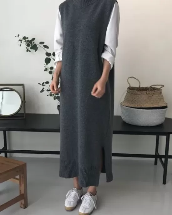 Urban Loose Sleeveless Solid Color Round-Neck Midi Dresses Sweater Dresses