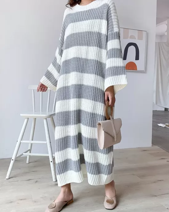 Stylish Loose Striped Round-Neck Sweater Dresses