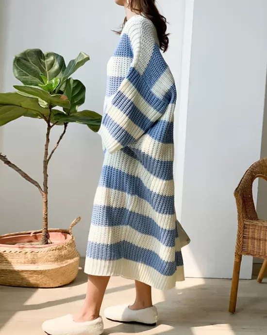 Stylish Loose Striped Round-Neck Sweater Dresses