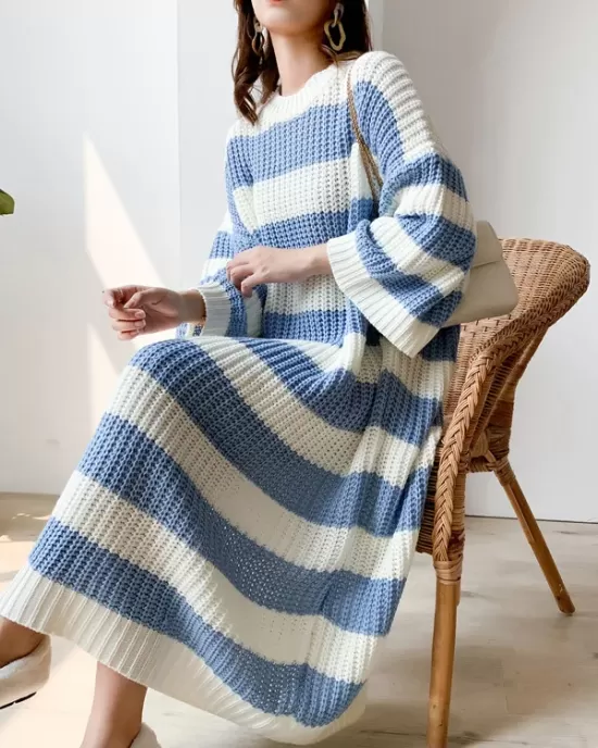 Stylish Loose Striped Round-Neck Sweater Dresses