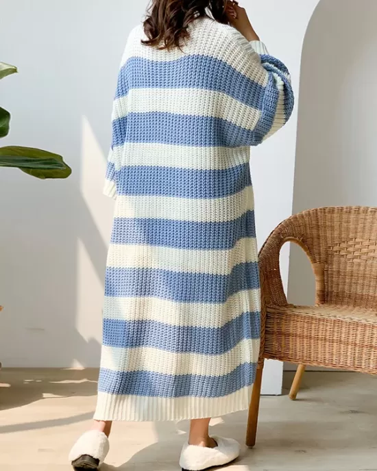 Stylish Loose Striped Round-Neck Sweater Dresses