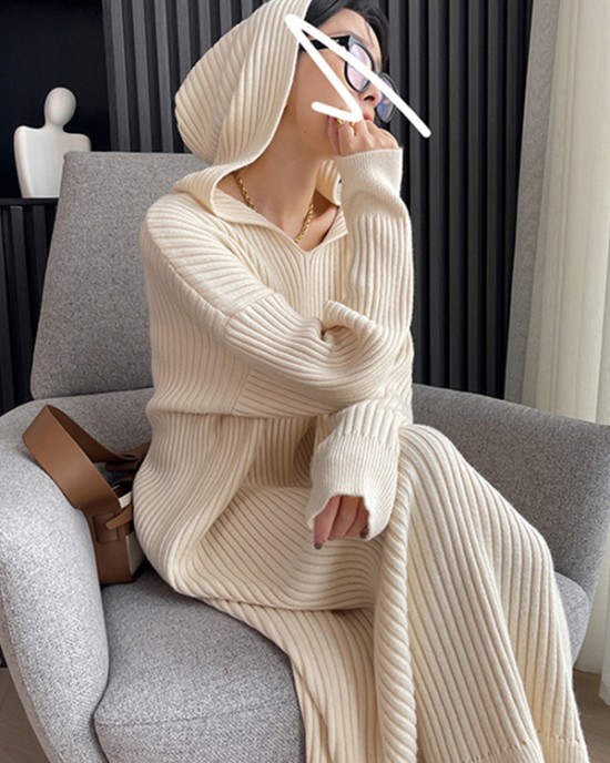 Stylish Long Sleeves Loose Solid Color Hooded Sweater Dresses