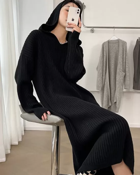 Stylish Long Sleeves Loose Solid Color Hooded Sweater Dresses