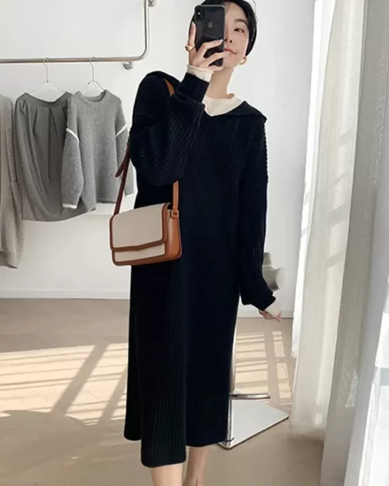 Stylish Long Sleeves Loose Solid Color Hooded Sweater Dresses