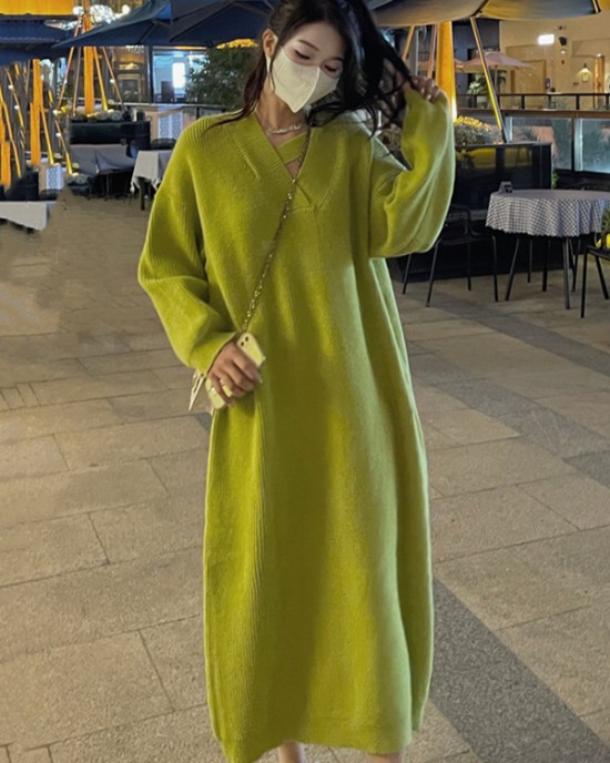 Urban Loose Long Sleeves Solid Color V-Neck Sweater Dresses