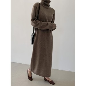 Casual Long Sleeves Loose Solid Color High-Neck Sweater Dresses