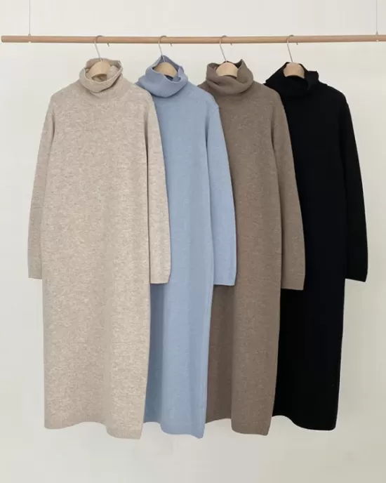 Casual Long Sleeves Loose Solid Color High-Neck Sweater Dresses