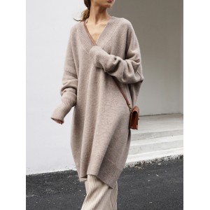 Stylish Long Sleeves Loose Solid Color V-Neck Sweater Dresses