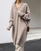 Stylish Long Sleeves Loose Solid Color V-Neck Sweater Dresses