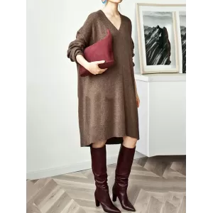 Stylish Long Sleeves Loose Solid Color V-Neck Sweater Dresses