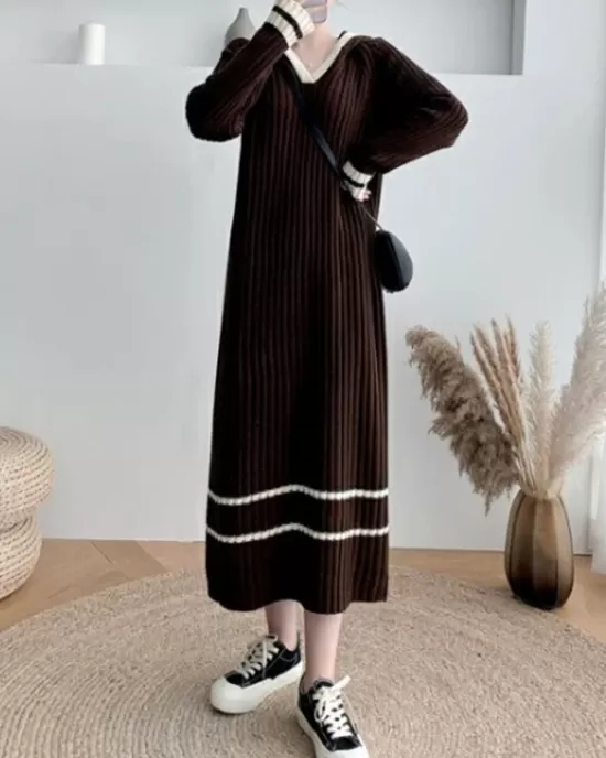 Urban Long Sleeves Loose Striped V-Neck Hooded Sweater Dresses