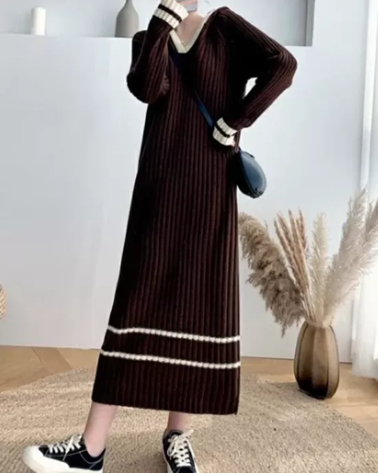 Urban Long Sleeves Loose Striped V-Neck Hooded Sweater Dresses