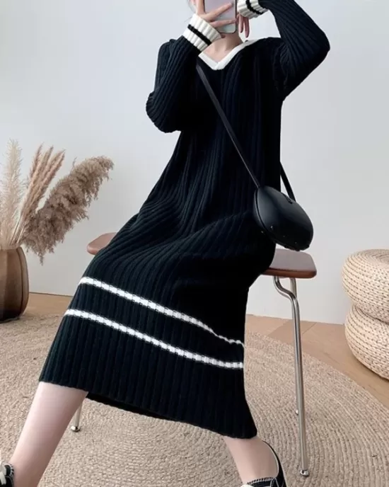 Urban Long Sleeves Loose Striped V-Neck Hooded Sweater Dresses