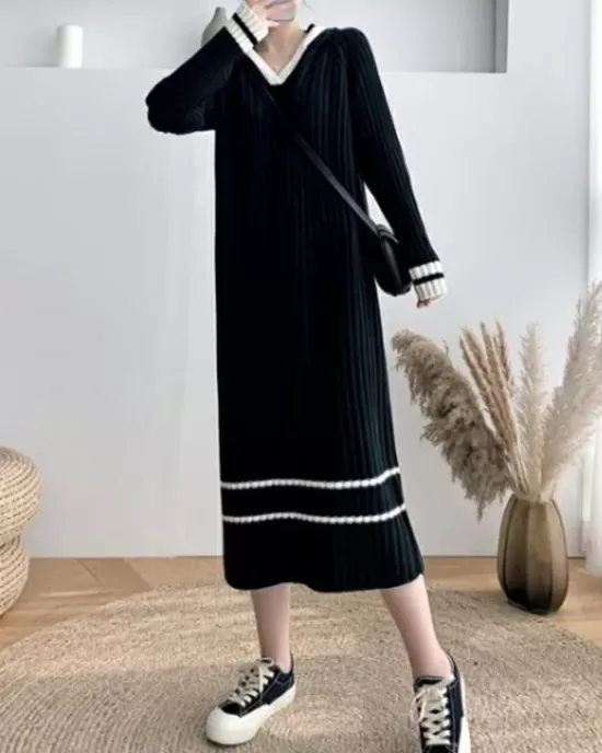 Urban Long Sleeves Loose Striped V-Neck Hooded Sweater Dresses