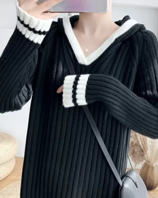 Urban Long Sleeves Loose Striped V-Neck Hooded Sweater Dresses