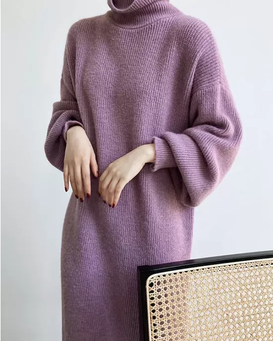 Urban Loose Puff Sleeves Solid Color High-Neck Sweater Dresses